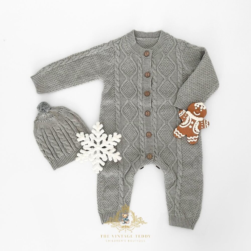 NWT Cute Kids Knit One-piece Bodysuit Sweater Romper & Cap Athletic Gray 18-24M